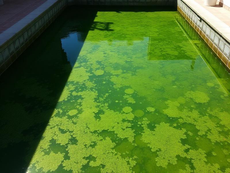 Piscina com água verde e turva por falta de manutenção